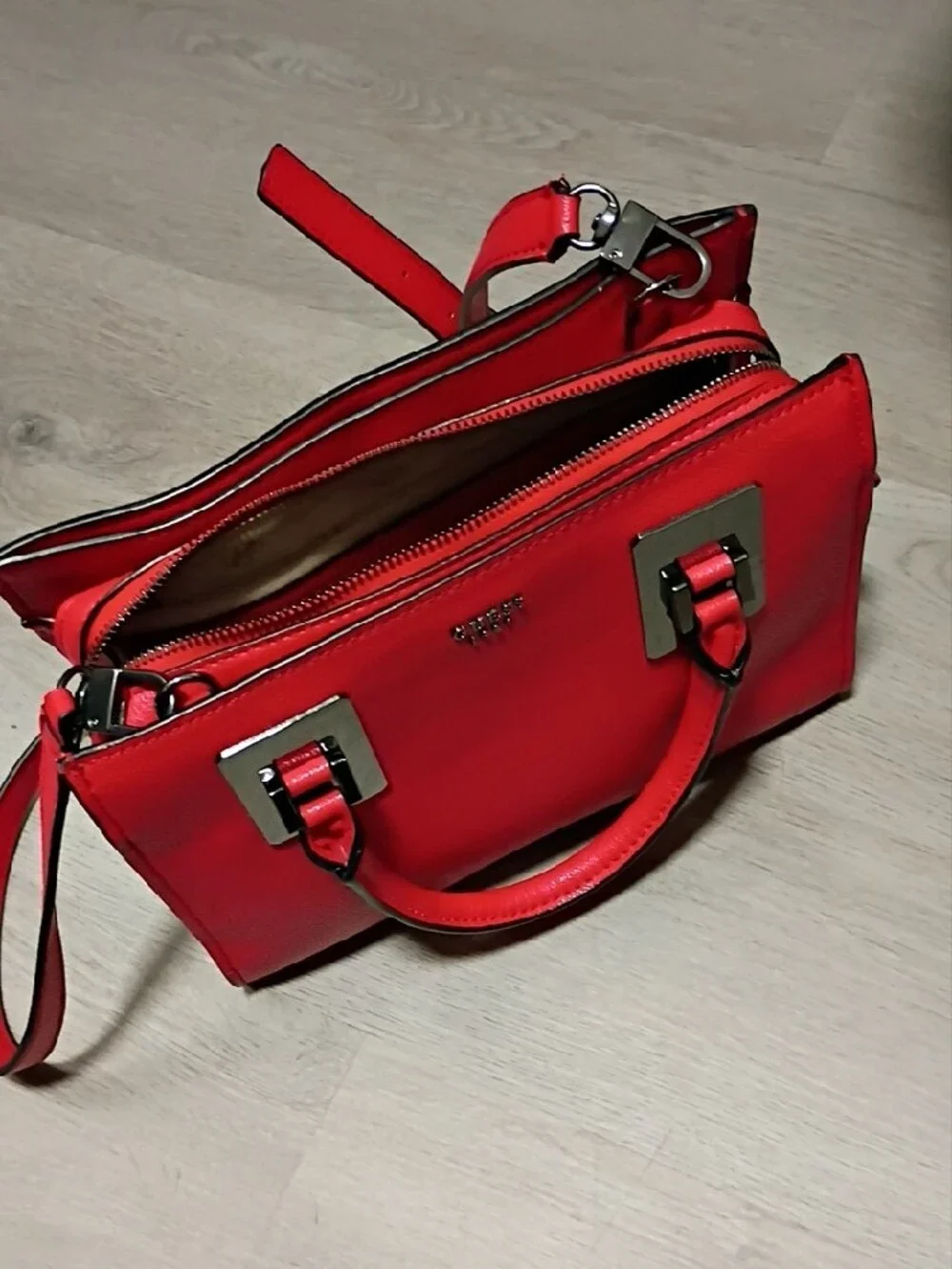 Guess Red Leather Structured Satchel with Top Handles